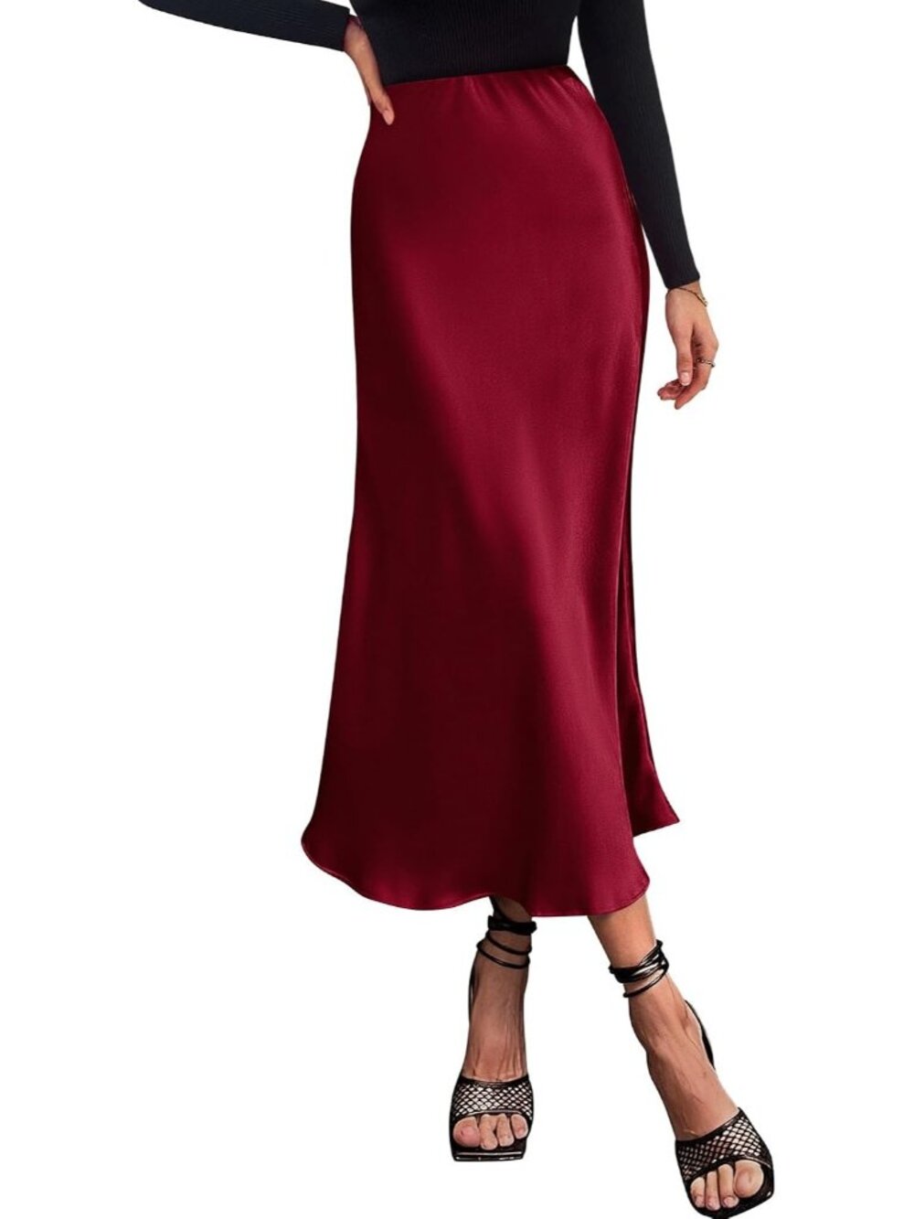 Women Wine High Waist Satin A-Line Elegant Slip Bias Cut Flowy Long Midi Skirt